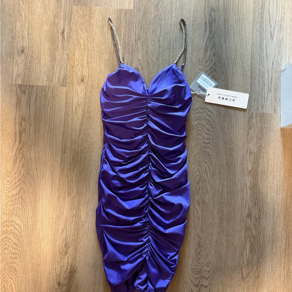 Ruched Spaghetti Strap Purple Bodycon Dress - Picture 4 of 5